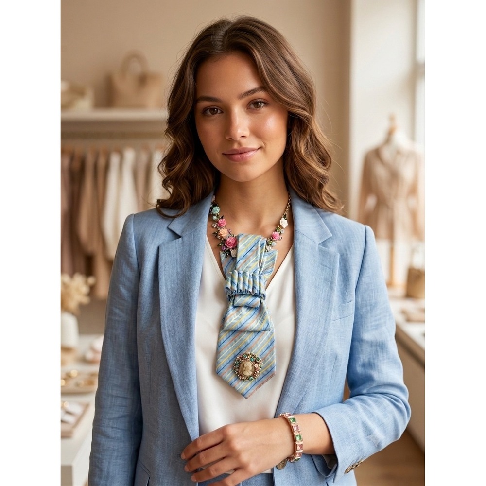 Chereskin Upcycled Tie Ascot Necklace Set Cameo Brooch Floral Bib Bracelet Blue